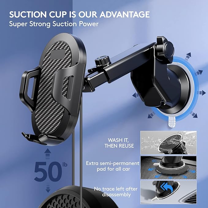 Car Phone Holder Mount, [Strong Suction Cup] [Military Grade Durable] for Windshield and Dashboard, Adjustable Long Arm Compatible with iPhone 16 15 14 Pro Max and All Smartphones,Black