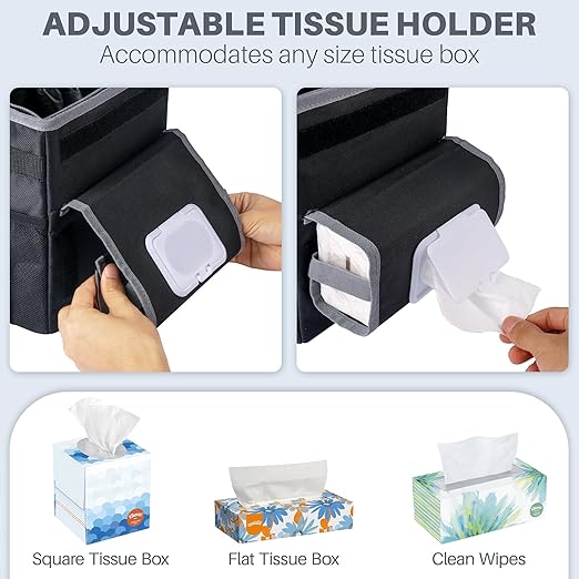Car Trash Can for Back Seat Car Accessories Interior Car Garbage Can Car Trash Bin for Cars SUV with 2 Removable Leakproof Interior Liner, Adjustable Car Tissue Holder,2 Gallons(Black)
