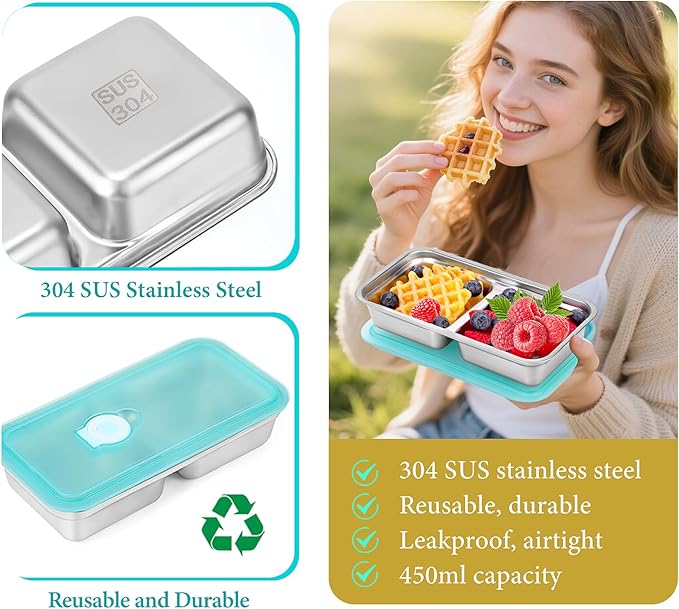 Stainless Steel Snack Containers Reusable with Lid, Grab and Go 2 Compartment Snack Food Storage Containers for School Travel and Outdoor Camping Dishwasher Safe (2)