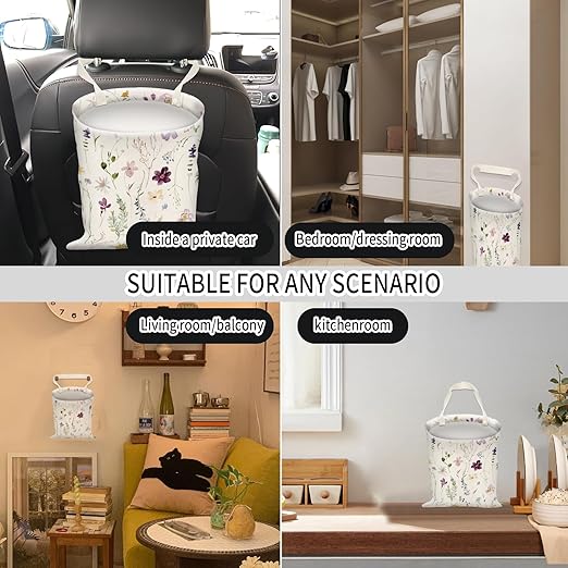 Car Trash Can, Hanging Garbage Bin for Men and Women, Cute Car Organizer and Storage Bag, Canvas Vehicle Trash Can Bag Easy-to-Install Cute Purple and White Floral