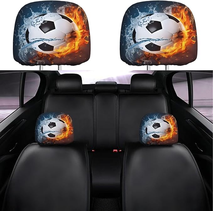Dujiea 2 Pack Fire Water Soccer Lover Headrest Covers, Universal Soft Car Seat Head Rest Protectors, Vehicle Accessories Fabric Headrest Cover for Cars Vans Trucks