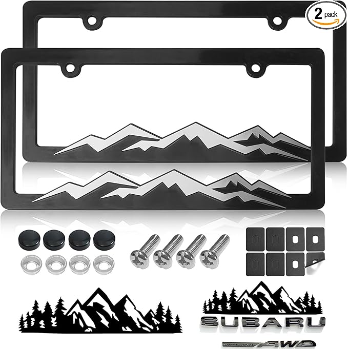 Mountain License Plate Frames - 2 Pack Plastic Car Tag Frame with 3D Mountain Design, Silver on Black, Included Mountain Vinyl Sticker, Screws & Caps