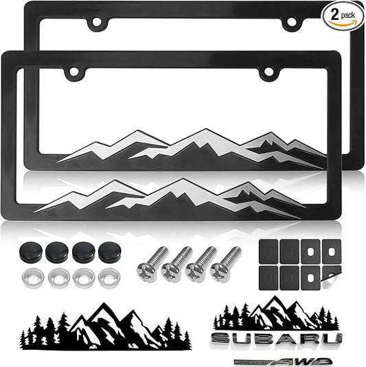 Mountain License Plate Frames - 2 Pack Plastic Car Tag Frame with 3D Mountain Design, Silver on Black, Included Mountain Vinyl Sticker, Screws & Caps