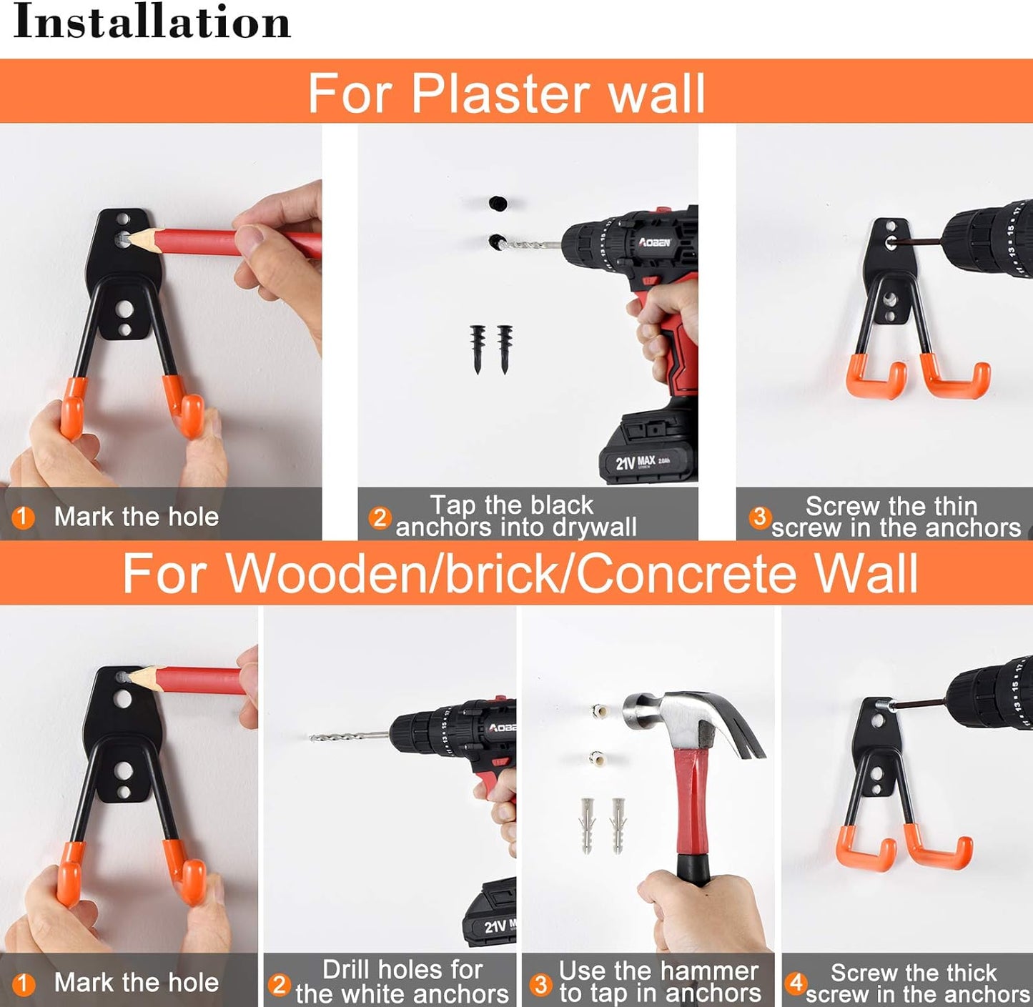 AOBEN Garage Hooks Heavy Duty, Steel Garage Storage Hooks, Utility Tool Hangers and Combinable Wall Mount for Organizing Ladders, Bikes, Hoses, and More Equipment (Small J, 4 Pack)