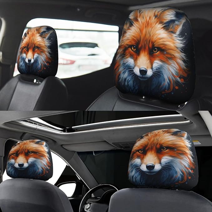 Dujiea 2 Pack Fox Watercolor Animal Car Headrest Covers, Universal Soft Car Seat Head Rest Cover Protector, Vehicle Accessories Fabric Headrest Cover for Cars Vans Trucks