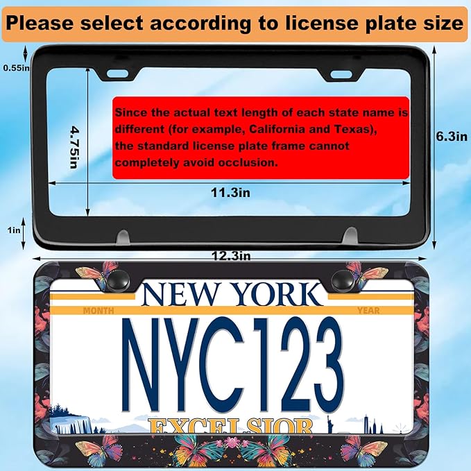 2-Pack Colorful Butterfly License Plate Frames, 2 Holes Butterflies Floral License Plate Holder for Women Man,Pink Flower License Plate Cover fits US Vehicles with Keychain Wrist Lanyard