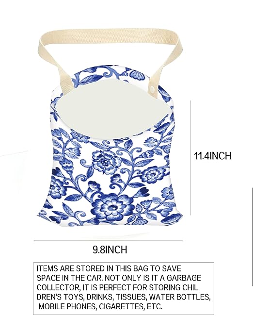 Car Trash Can, Durable Hanging Car Trash Garbage Bag, Cute Automotive Garbage Cans Organizer, Cute Blue Porcelain Floral