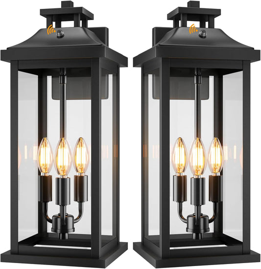 20" Large Dusk to Dawn Outdoor Lights 3-Light, 2 Pack Black Modern Exterior Lighting Fixtures Photocell Sensor Outside Porch Lights Wall Mount, Waterproof Patio Exterior Sconce Lamps E12