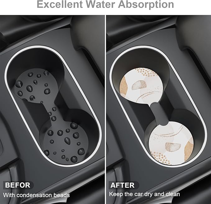 Car Cup Holder Coaster, Car Coasters for Cup Holders, 2 Pack Universal Anti Slip Insert Absorbent Ceramic Auto Interior Accessories with A Finger Notch & Cork Base, Modern Art