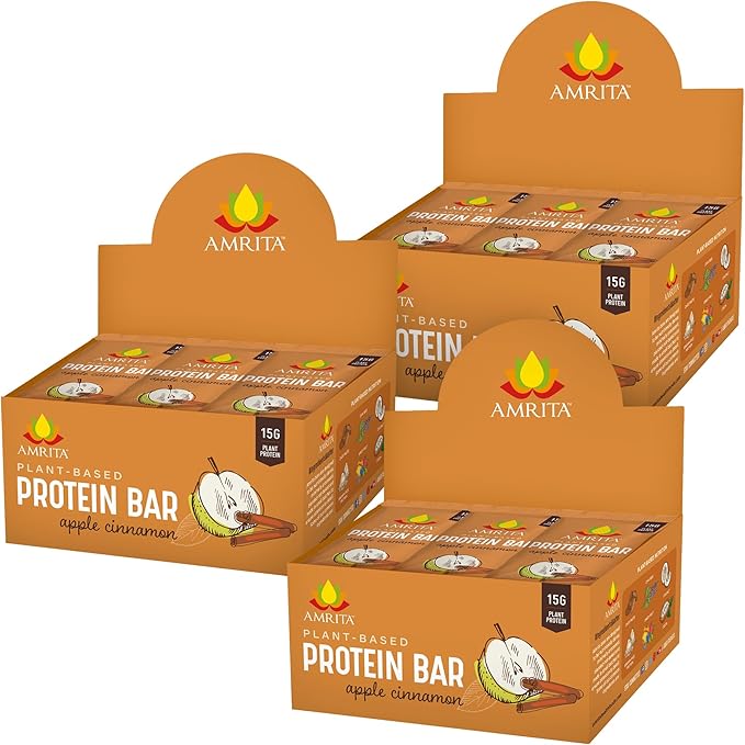 Amrita Nut Free Vegan Protein Bars (12 CT PK of 3) | Apple Cinnamon 15g Plant-Based Protein Bar, Peanut-Free, Gluten Free, and Dairy-Free, No Added Sugar, High Fiber, Healthy Snacks for Kids/Adults