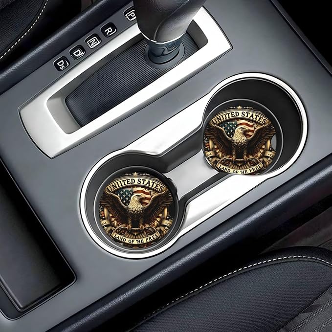 ABLESKY Car Coasters for Cup Holders, 2 Pack Absorbent Anti Slip Car Cup Holder Coasters, 2.56 Inch Ceramic Universal Size Auto Interior Accessories Women Men-Patriotic Bald Eagle USA Flag