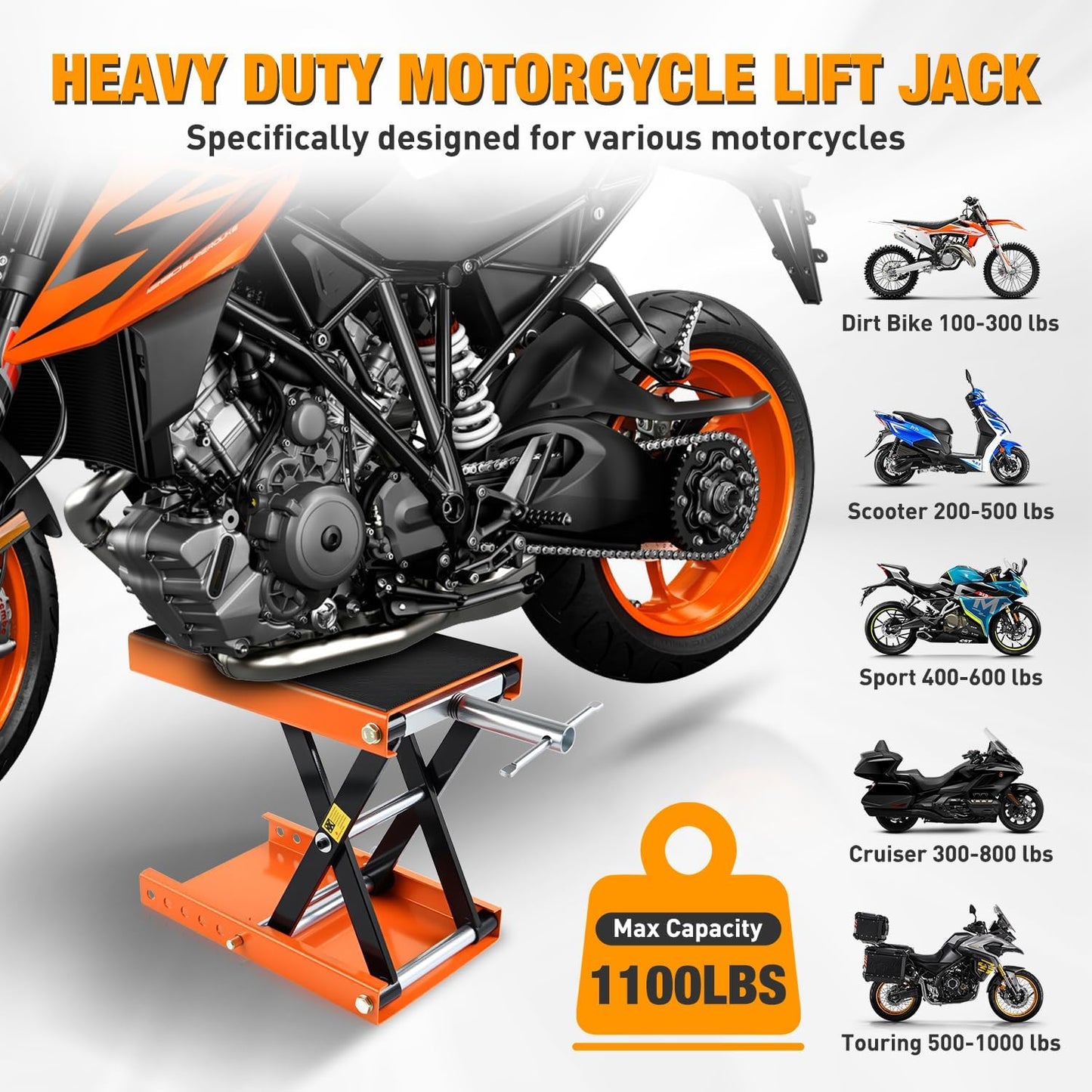 Nilight Motorcycle Lift Jack 1100 LBS Scissor Jacks Stand Lift with Wide Deck Safety Pin Handle 3.4"-14.2" Height Adjustable Hoist Stand Garage Repair Lifter for Motorcycles ATV Dirt Bike, Orange