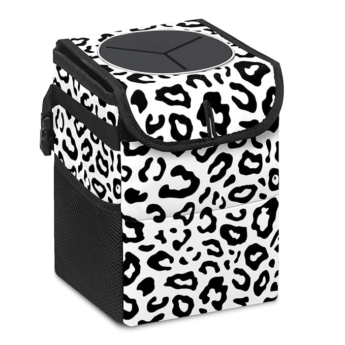 Car Trash Can Leopard Wate-rproof Auto Garbage Bag Car Trash Can with Lid Leak-Proof Car Storage Bag Hanging for Headrest Collapsible and Portable with Storage Mesh Pocket
