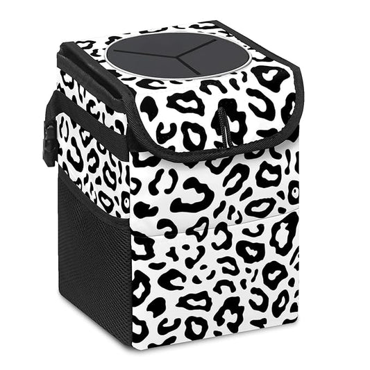 Car Trash Can Leopard Wate-rproof Auto Garbage Bag Car Trash Can with Lid Leak-Proof Car Storage Bag Hanging for Headrest Collapsible and Portable with Storage Mesh Pocket
