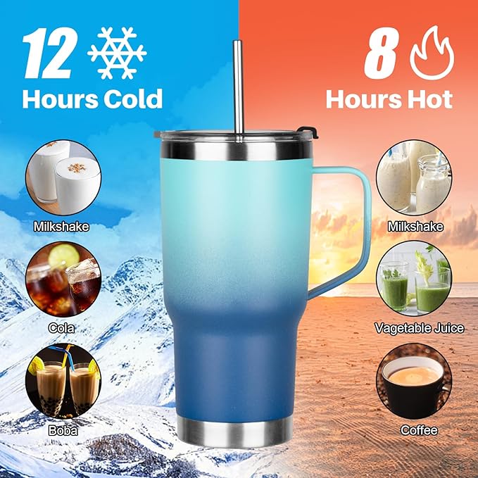 20 oz Tumbler with Handle, Stainless Steel Insulated Tumbler with Lid and Straw, Double Wall Vacuum Coffee Mug Tumbler,Insulated Coffee Thermal Cup for Cold and Hot(Light Dark Blue)