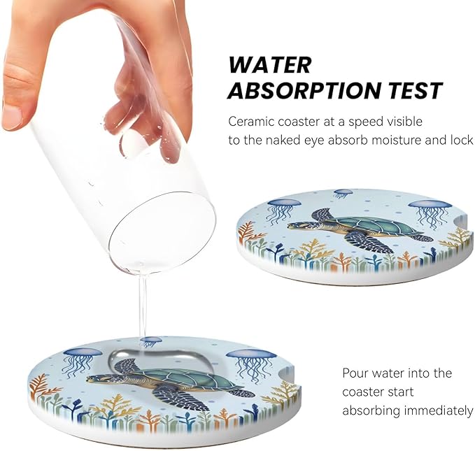 ABLESKY Car Coasters for Cup Holders, 2 Pack Absorbent Anti Slip Car Cup Holder Coasters, 2.56 Inch Ceramic Universal Size Auto Interior Accessories Women Men-Sea Turtles