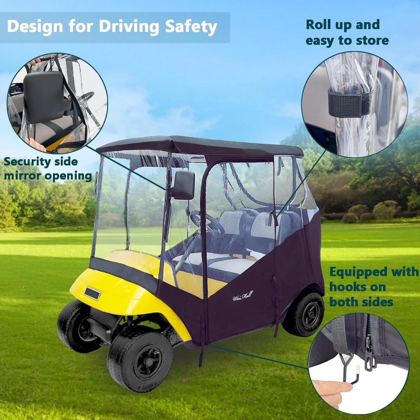 Golf Cart Enclosure Fit for EZGO TXT EZGO RXV 2 Passenger 2-Person Seaters Waterproof Transparent Driving Rain Enclosure Cover 4-Sided Clear Window Roll-up Zipper Door Black