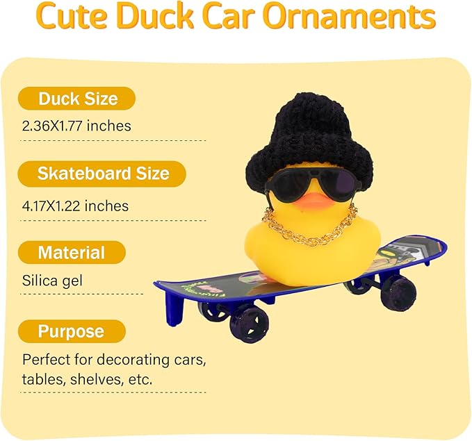 wonuu Car Duck Ornament Rubber Duck Car Dashboard Decoration for Car Dashboard Decoration Accessories with Mini Hat, Necklace, Sunglasses, Chair or Skateboard