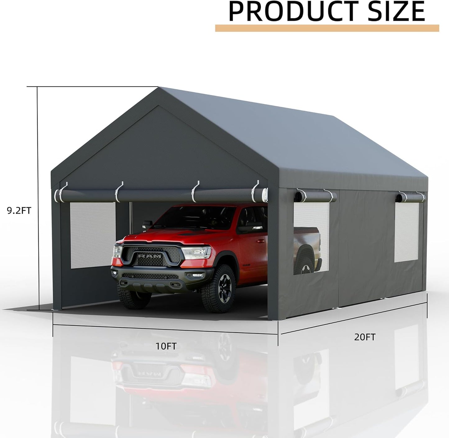 JY QAQA Carport, 12x20 FT Heavy Duty Carport with Removable Side Walls and Doors, Portable Garage with Roll-Up Window and Sandbags, Car Canopy with All-Season Tarp for Cars, Trucks, Boats, Grey