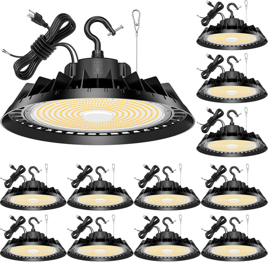 BBESTLED 12Pack LED High Bay Lights, Super Bright 150W UFO High Bay LED Shop Lights, 22500LM 5000K, 0-10V Dimmable, 5' Cable Plug, IP65 Waterproof, ETL Listed Plug&Play Lighting for Factory Warehouse