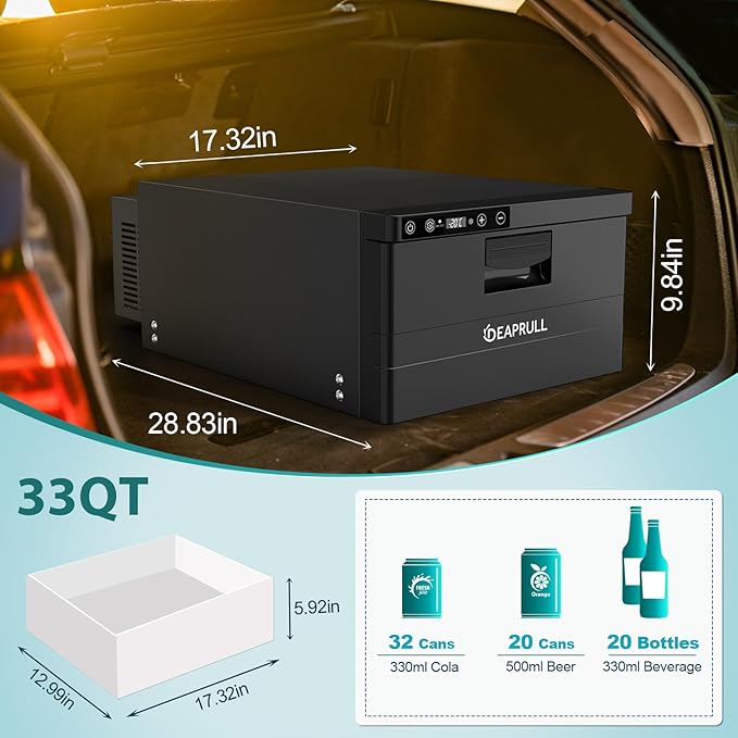 12 Volt Drawer Refrigerator, 31.2L(33QT) Drawer Electric Cooler RV Refrigerator APP Control (-4℉-68℉), Car Fridge Freezer for Travel Camping Road Trips Tailgating, Truck Van SUV (Upgraded Compressor)