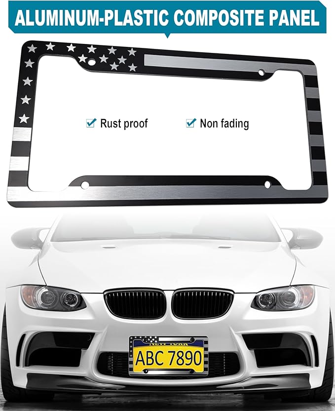 American Flag License Plate Frames- Heavy Duty Aluminum-Plastic Composite Patriotic Car Tag Holder with Mounting Hardware & Screws Caps (Black)，2 Pack for Front Rear