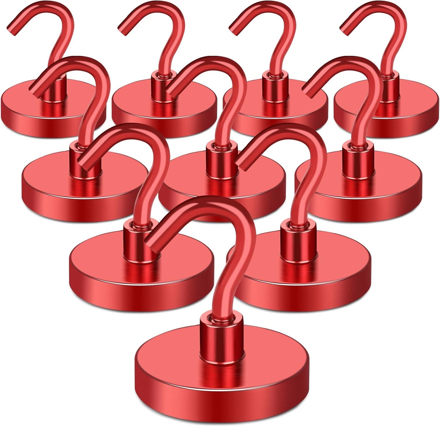 MIKEDE Magnetic Hooks Heavy Duty, 150LB Strong Magnet with Hook for Fridge, Super Neodymium Strength Industrial Hooks for Hanging, Magnetic Hanger for Toolbox, Cruise, Grill(Red,10 Pack)