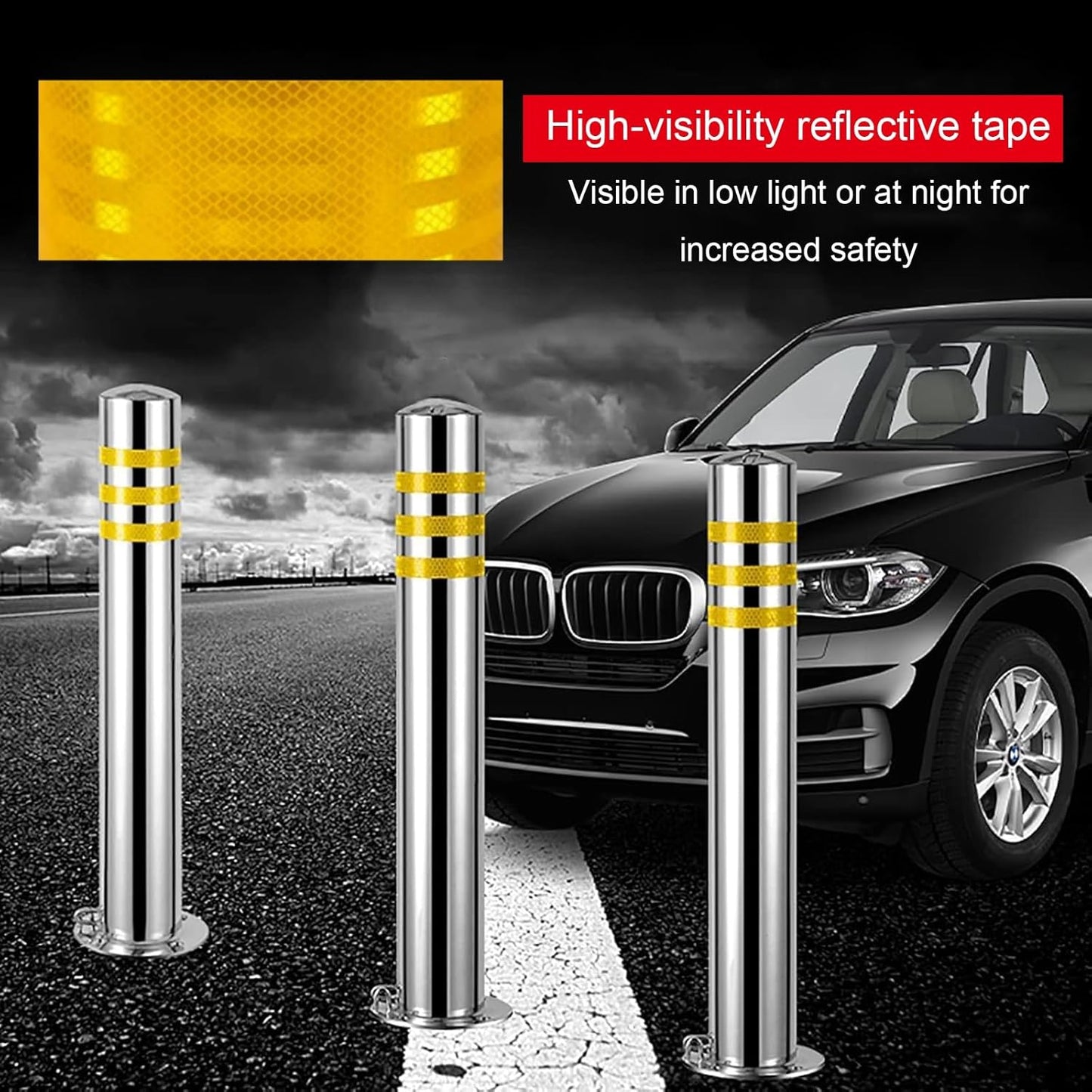 Stainless Steel Parking Bollards for Driveway, Industrial Safety Bollards Reflective Channelizer Post, Parking Barrier, Sturdy and Durable, Easy to Install, for Crowd Control(Silver (4pcs),7.6*60cm/3*