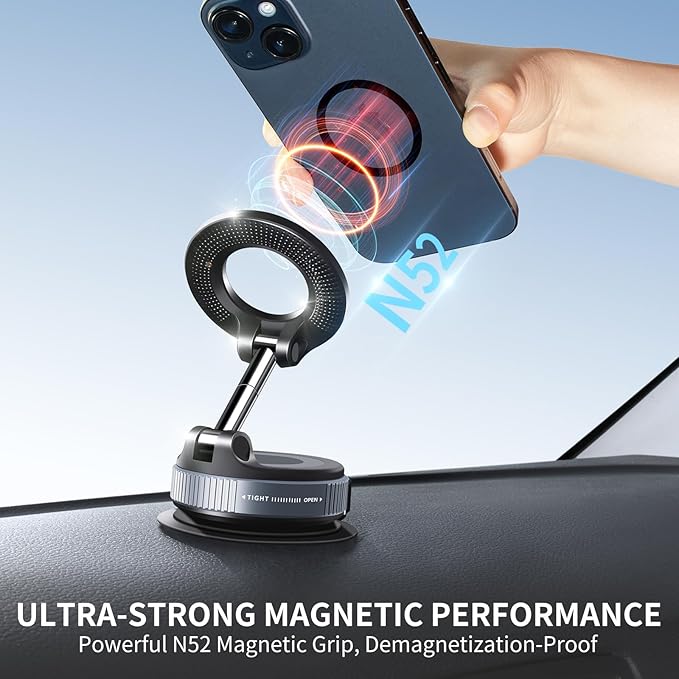 Vacuum Suction Magnetic Phone Holder, 2025 Upgraded Vacuum Suction Cup Mount for Magsafe, 360° Adjustable Foldable Portable Magnetic Car Phone Stand for Cars/Gyms/Mirrors/Smooth Surface (Black)