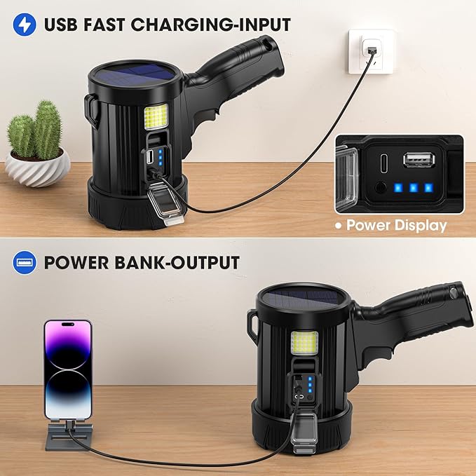 Rechargeable Spotlight, 99,000 Lumens Super Bright Handheld Led Flashlight, Outdoor Spot Light with Cob Light and Solar Panelsfor Boating Camping