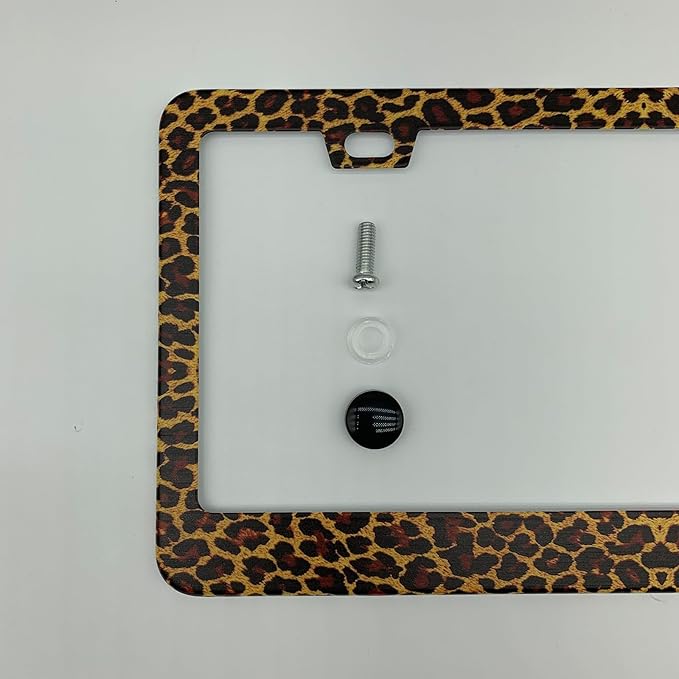 Brown and Black Leopard Cheetah Print License Plate Frame Cover, Matte White Powder Coated Stainless Steel, Animal Print Auto Car Tag Frame with 2 Holes & Free Screws