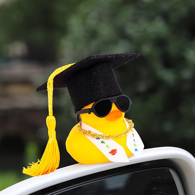 wonuu Graduation Stole Rubber Ducks, Dashboard Decorations Duck for Car Ornament Accessories with Hat Sunglasses Sash Chain (Yellow)