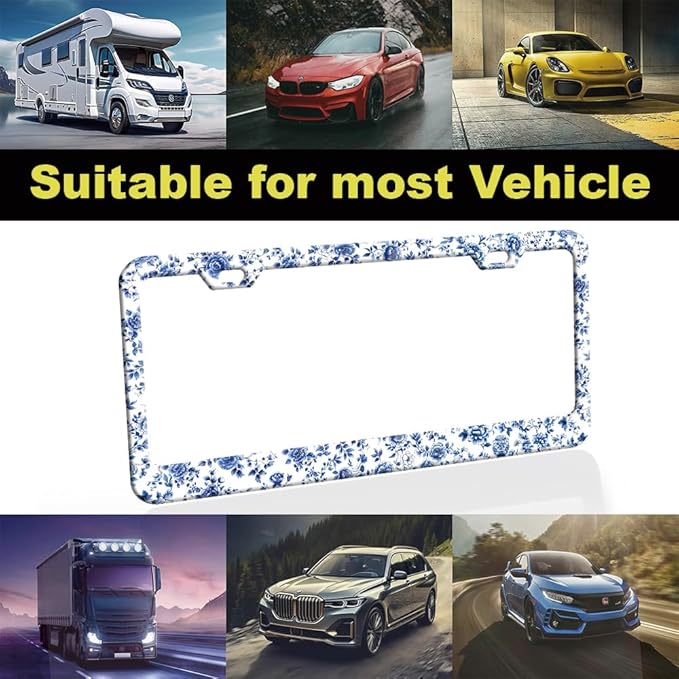 2pcs Blue White Porcelain Floral License Plate Frame for Women, Blue Flowers car Decorative tag Frames Girly, Cute Florals License Plate Cover Holder for Vehicle with Double Sided car keychaisn tag