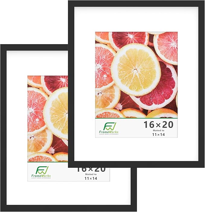 FrameWorks 2-Pack, 16x20 Matted to 11x14 Picture Frame, Black ??Classic Wooden Photo Frame with Tempered Glass, Modern Matte Finish for Prints, Posters, Certificates & Wall Decor ??Gallery-Ready