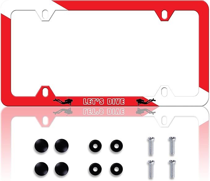 Let‘s Dive License Plate Frame Dive Flag License Plate Frames Personalise Stainless Steel Funny Design Compatible with Standard License Plate Holder for USA and Canada 6 X 12 with Screws