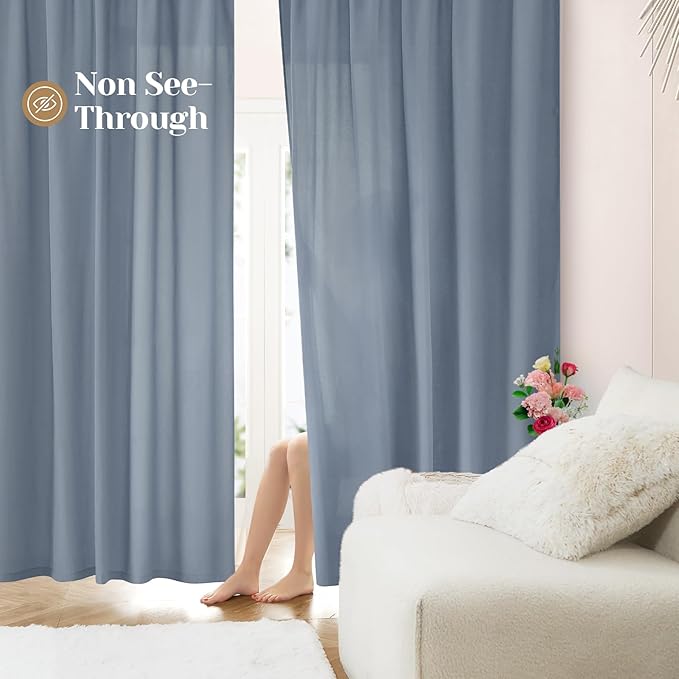 HOMEIDEAS Non-See-Through Stone Blue Privacy Sheer Curtains, 52 X 63 Inches Long 2 Panels Sheer Curtains Light Filtering Window Drapes for Bedroom Living Room