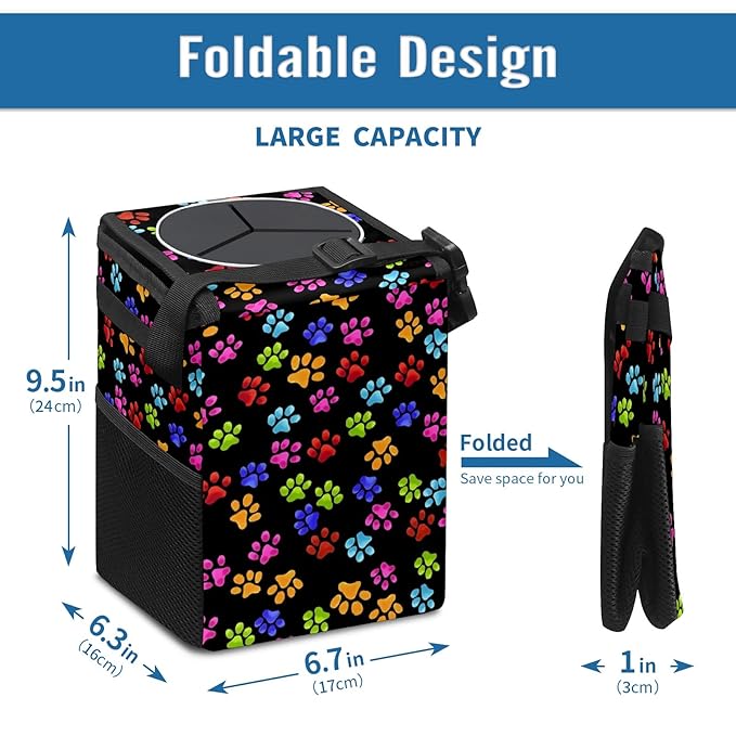 Paws Cat & Dog Print Trash Can with Lid - Collapsible, Reusable, Waterproof Car Garbage Can, Interior Car Organizer