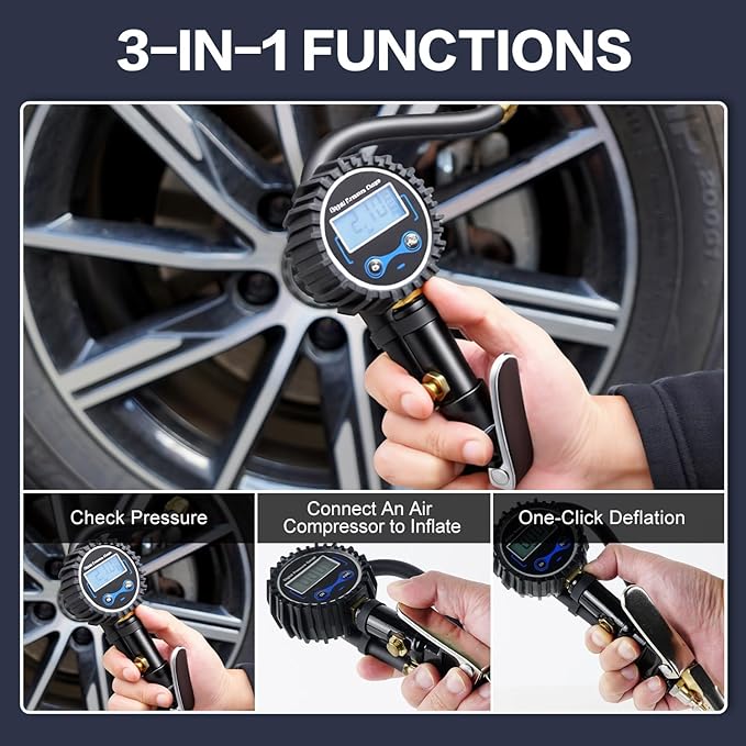 Digital Tire Pressure Gauge with Inflator, 250 PSI Heavy Duty Air Chuck & Compressor Accessories with Quick Connect Coupler and Rubber Hose for Cars, Inflatables