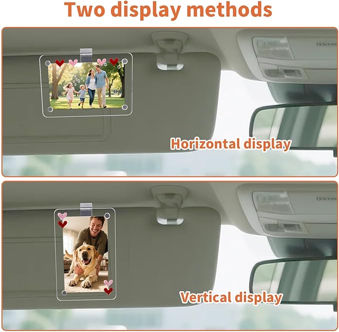 2pcs Car Photo Holder, Acrylic Magnetic Car Visor Photo Clip for 3.5" X 2.3" - with Heart Stickers Personalized Meaningful Car Accessories Gift for Mother/Dad/Kid & Anniversary Present