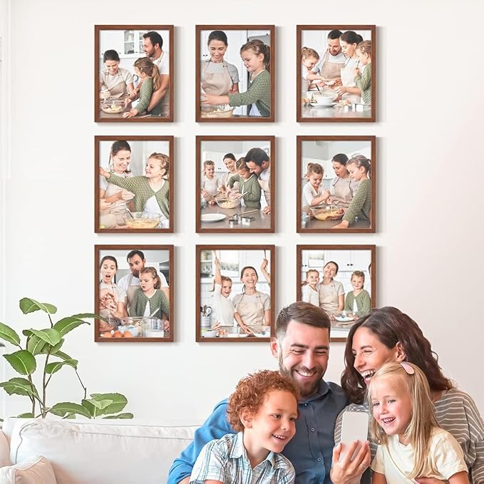Renditions Gallery Set of 9, 11X14 Custom Photo Prints with Real Wood Picture Frames. Create Personalized Photos with Peel & Stick Photo Frames. Brown Frame