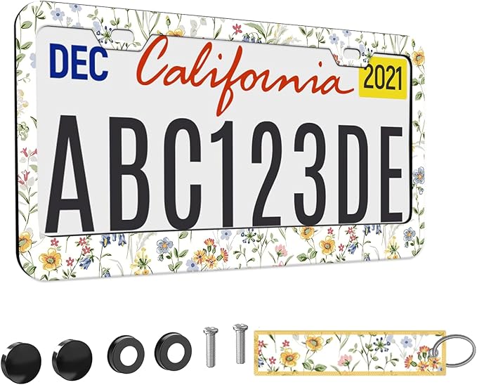 1pcs Wild Flowers Floral License Plate Frame for Women,White Nature Plant car Decorative tag Frames Girly,White Floral License Plate Cover Holder for Vehicle with Double Sided car Keychain tag