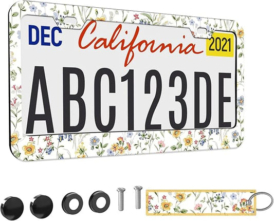 1pcs Wild Flowers Floral License Plate Frame for Women,White Nature Plant car Decorative tag Frames Girly,White Floral License Plate Cover Holder for Vehicle with Double Sided car Keychain tag