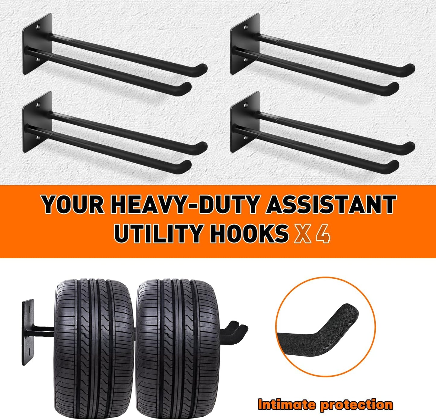 14 Inches Garage Hooks Heavy Duty, Extra Large 4Pcs Heavy Duty Garage Hooks,Duty Wall Mount Organizer for Hanging Yard Tools,Car Tires, Ladders,Chairs (Black)