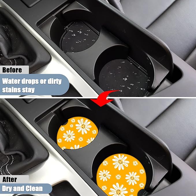Car Cup Holder Coaster - Groovy White Sunflower Smiley Face Absorbent Ceramic Coaster,Yellow Drink Cup Holder Coasters, Auto Interior Accessories, Drink Cup Holder Coasters for Women & Men Pack of 2
