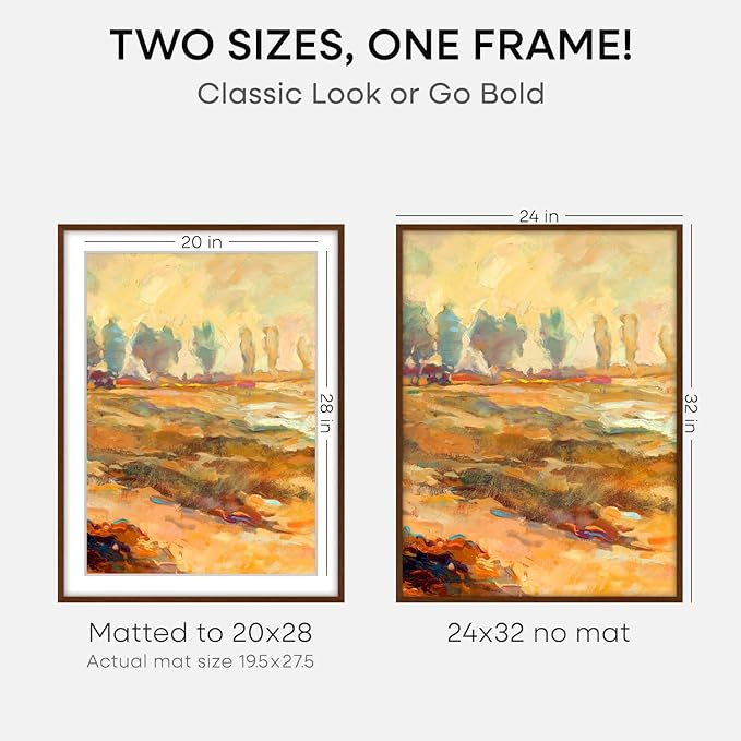 Homeforia Brown Picture Frame 24x32, High End Dark Oak 24x32 Large Wooden Poster Frame with Mat 20x28, 24 x 32 Walnut Wood Frame Matted to 20 x 28, 32x24 Thin Frame, Tempered Glass, Wall Kit, Set of 1