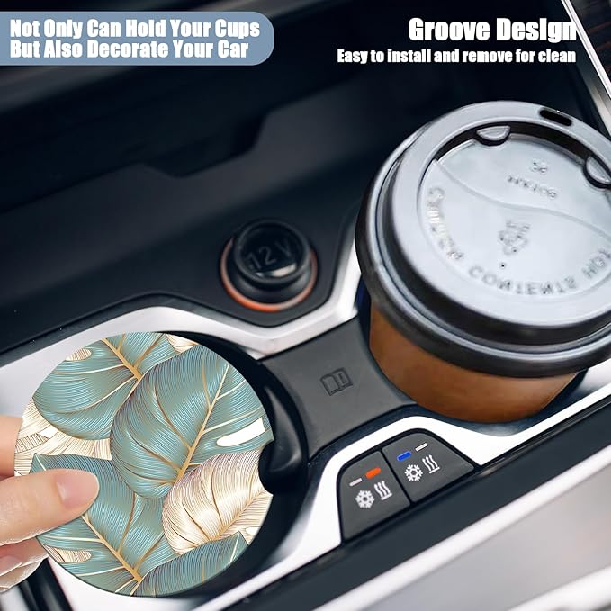 Car Cup Holder Coaster - Cyan Leaf Absorbent Ceramic Coaster 2 Pack, Car Coasters for Cup Holders, Fashion Car Interior Accessories Drink Coaster for Women & Men