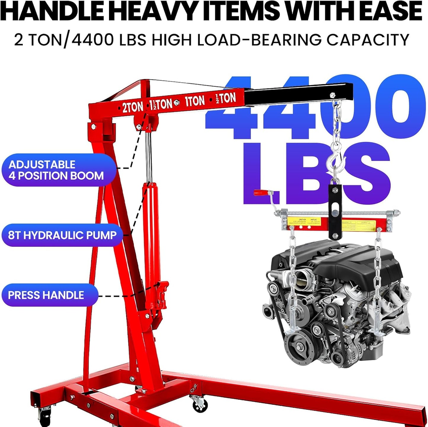 Engine Lift, 2 Ton Engine Hoist Cherry Picker with Quick Fold & 6 Steel Casters, 4400LBS Heavy-Duty Hydraulic Crane, Adjustable 4-Position Boom & 8T Pump for Garage Use 56.2"x50.6"x37"
