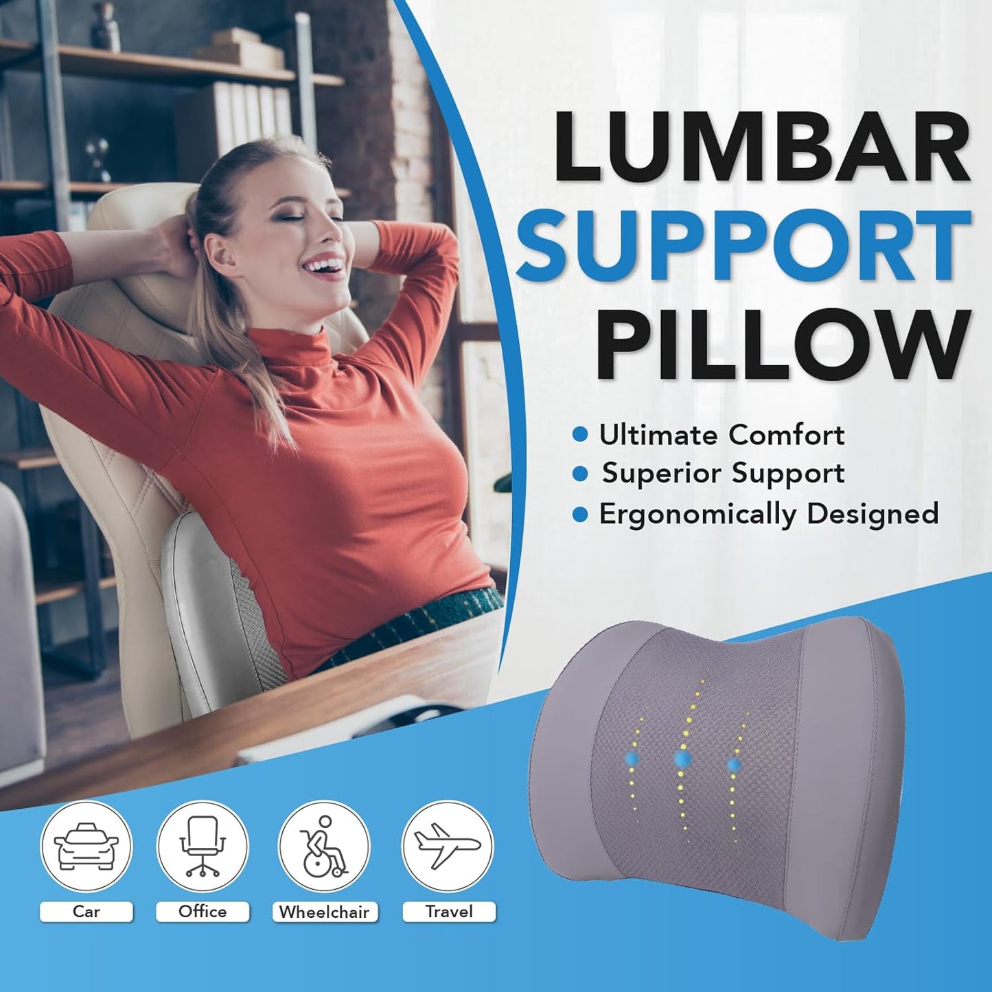 Lumbar Support Pillow for Car, Memory Foam Lumbar Pillow for Lower Back Pain Relief - Back Cushion for Driving, Chair Support for Car-Office Chair, Wheelchair - Gray