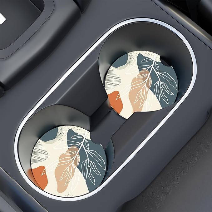 Car Cup Holder Coaster, Car Coasters for Cup Holders, 2 Pack Universal Anti Slip Insert Absorbent Ceramic Auto Interior Accessories with A Finger Notch & Cork Base, Abstract Boho Leaf