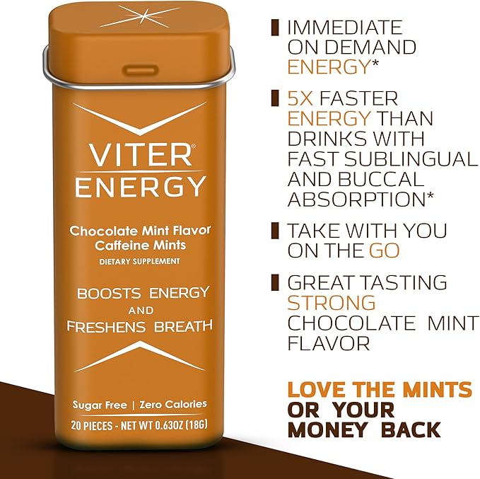 Viter Energy Caffeinated Mints 40mg Caffeine, B Vitamins, Sugar Free. (Chocolate Mint, 20pcs, 6 Pack)